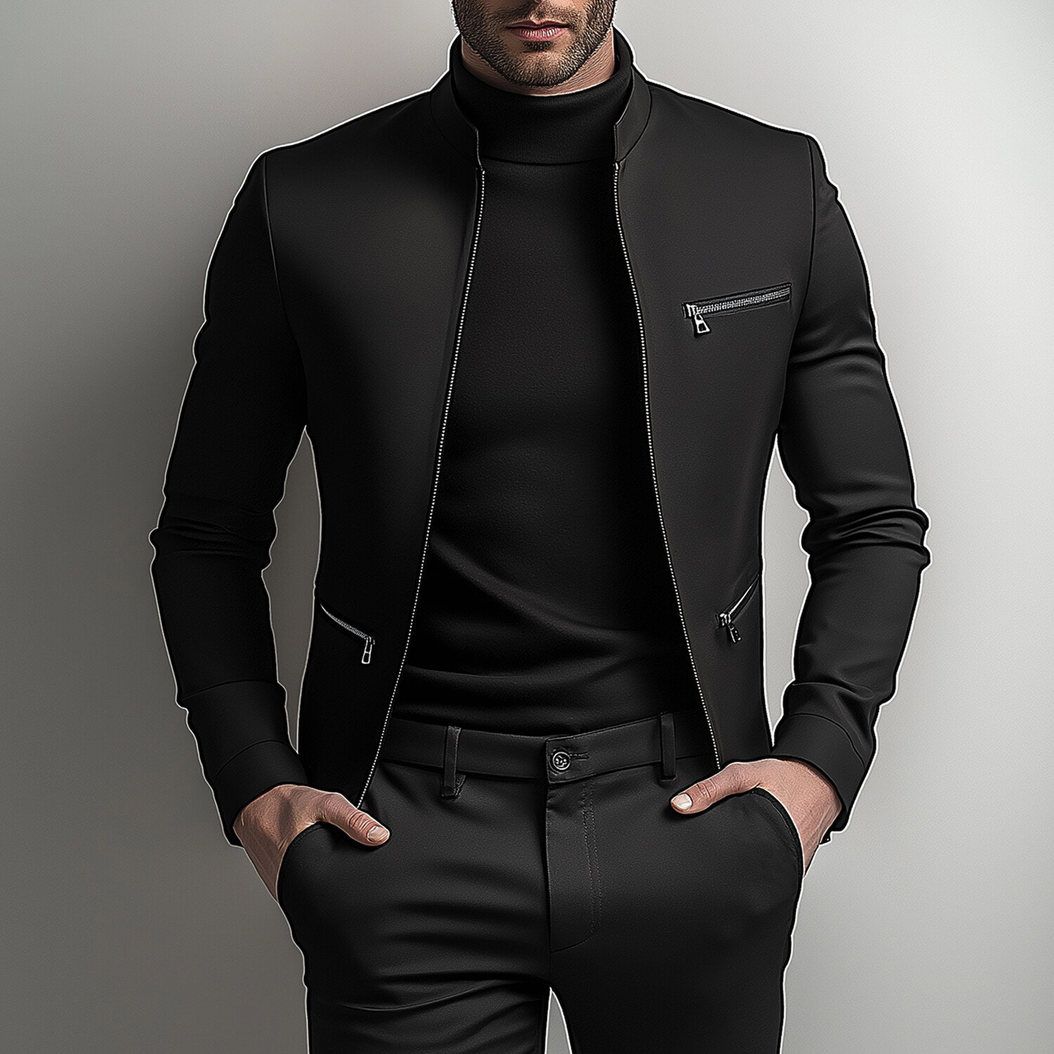 Okaywear Solid Stand Collar Zip Up Long Sleeve Jacket