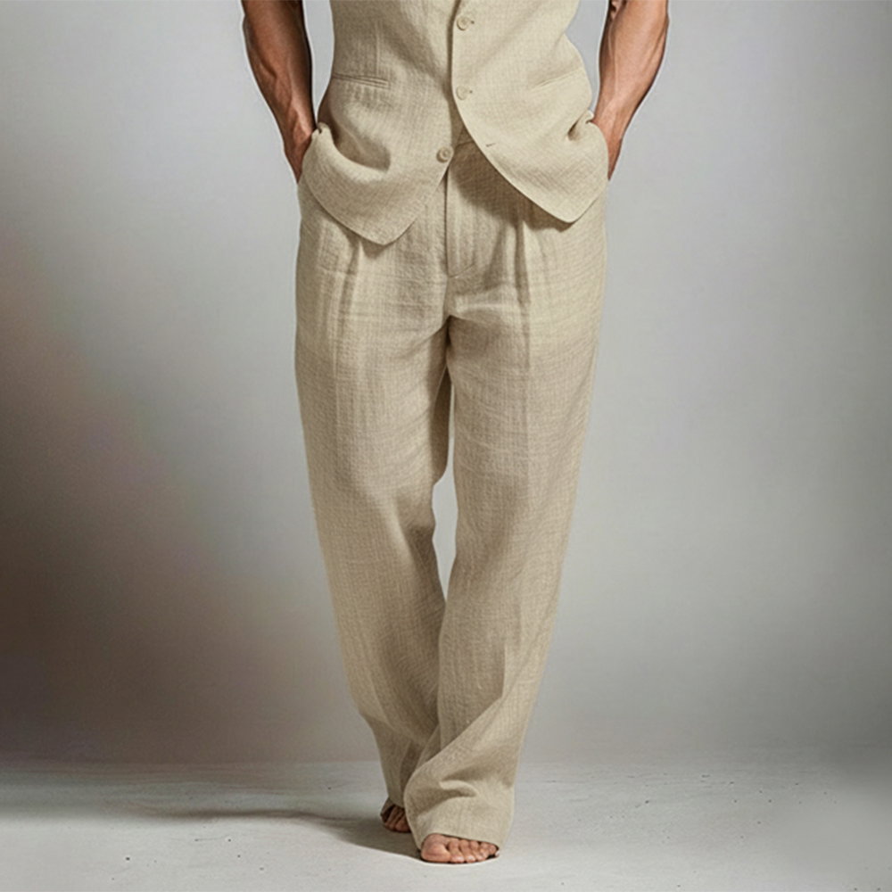 Okaywear Solid Color Slant Pocket Loose Fit Beige Pants