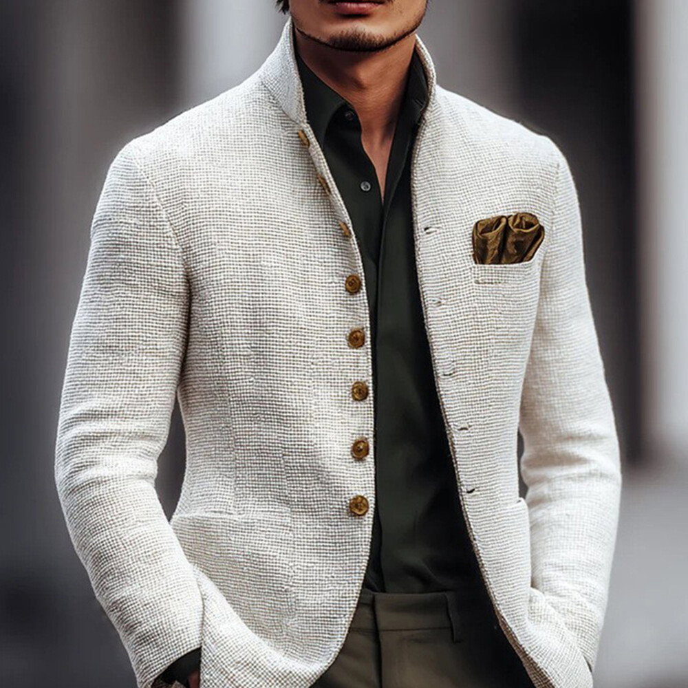 Tweed Textured Stand Collar Single Breasted Slim Fit Jacket Blazer