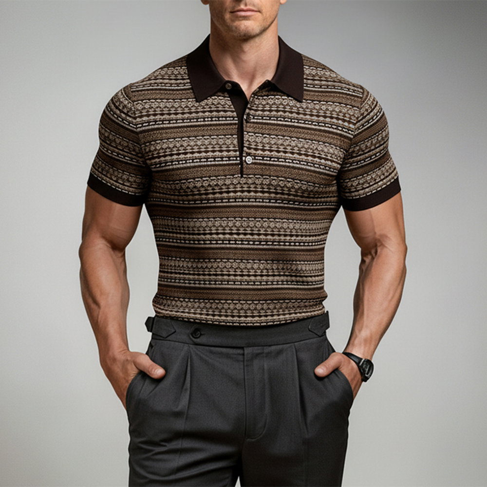 Okaywear Tribal Pattern Polo Neck Tight Fit Brown Short Sleeve Top