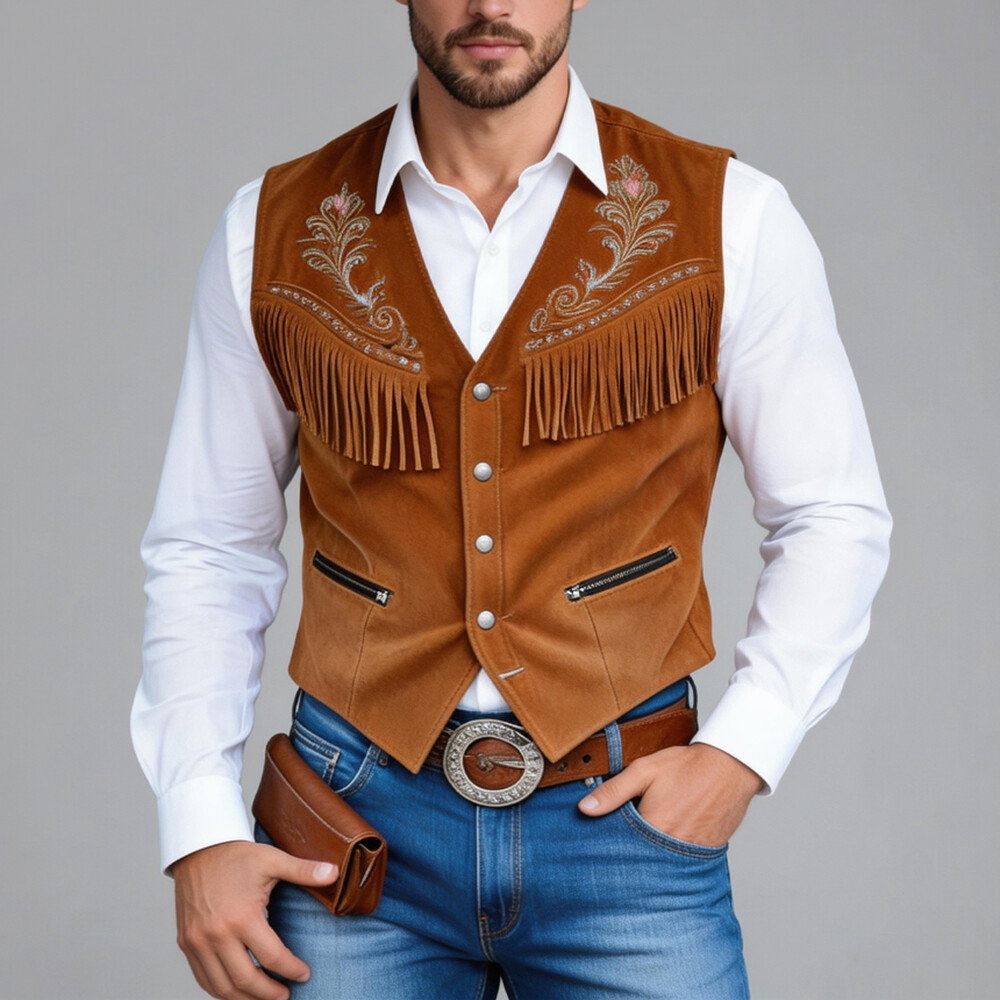 Okaywear Floral Pattern Single Breasted Fringe Brown Vest