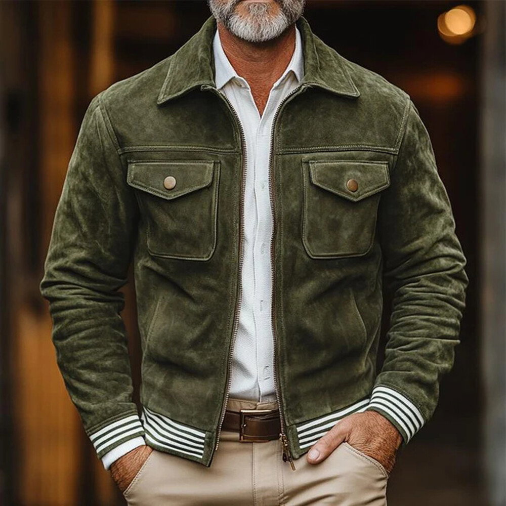 Suede Striped Trim Turndown Collar Flap Pocket Zipper Army Green Jacket