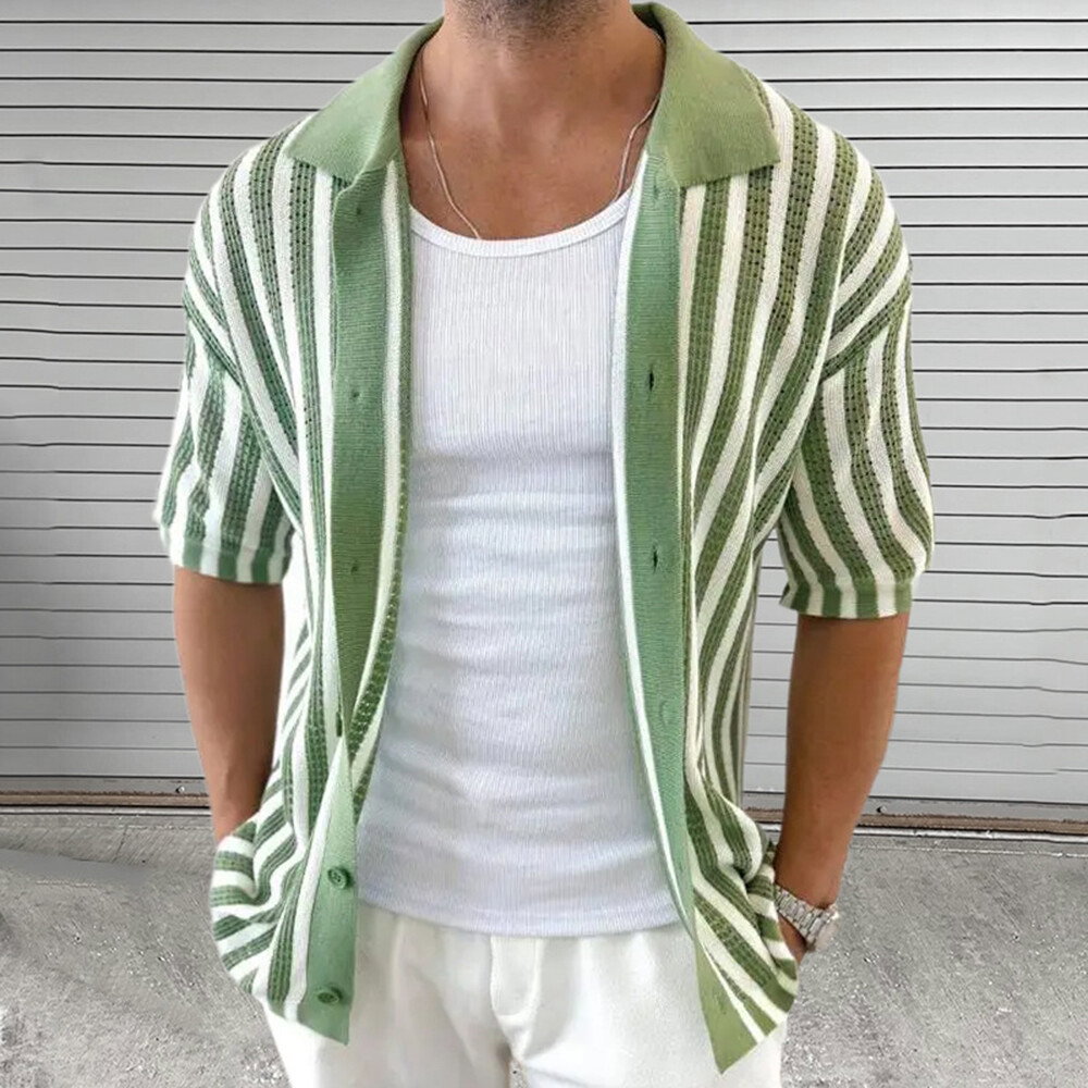 Contrast Striped Turndown Collar Button Up Green Short Sleeve Shirt