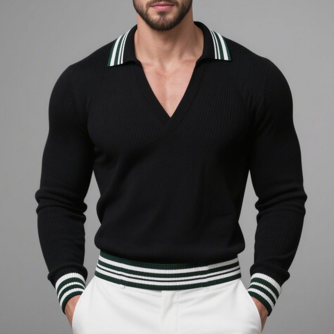 Okaywear Kintted V Neck Long Sleeve T-Shirt