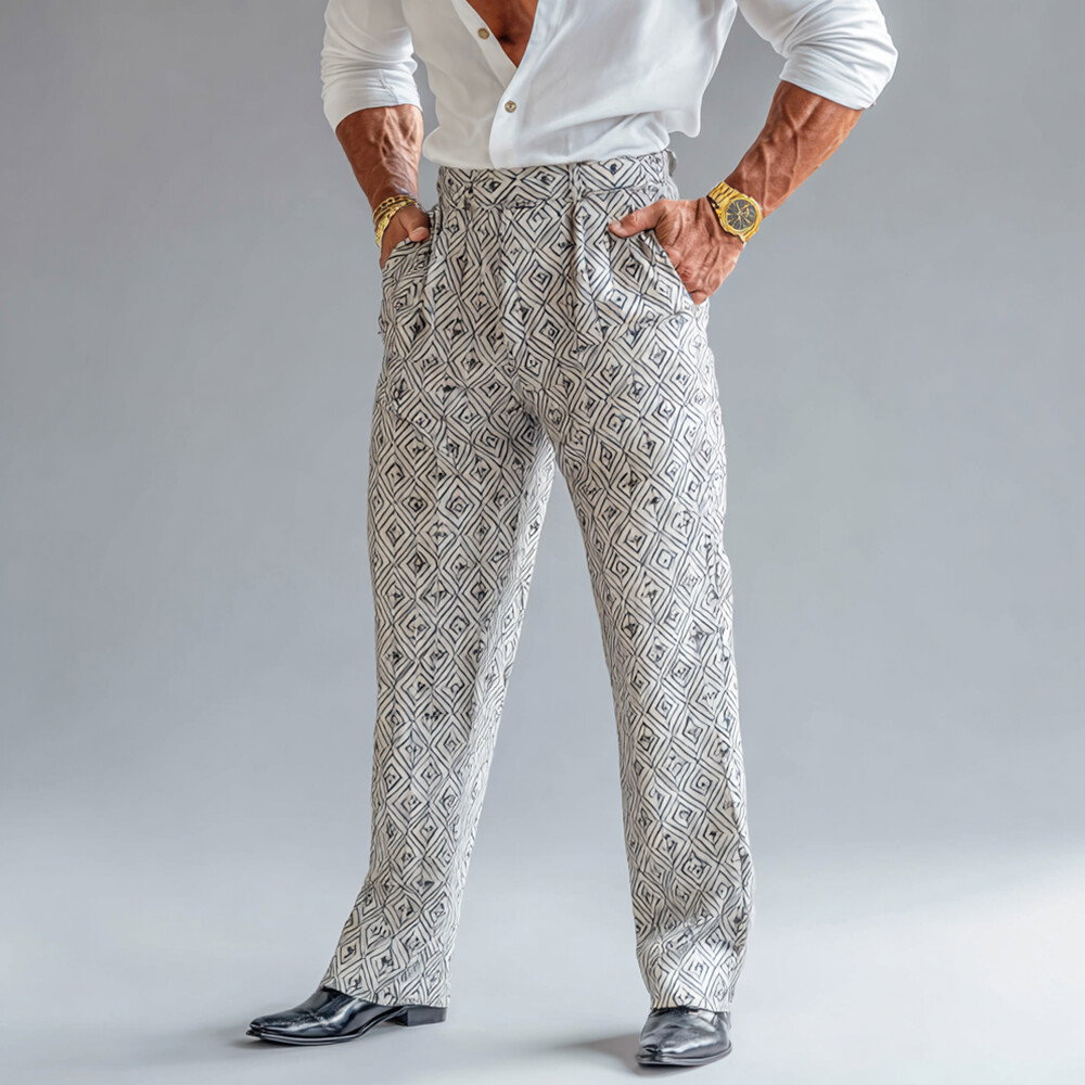 Okaywear Square Printed Welt Pockets White Straight Leg Suit Pants
