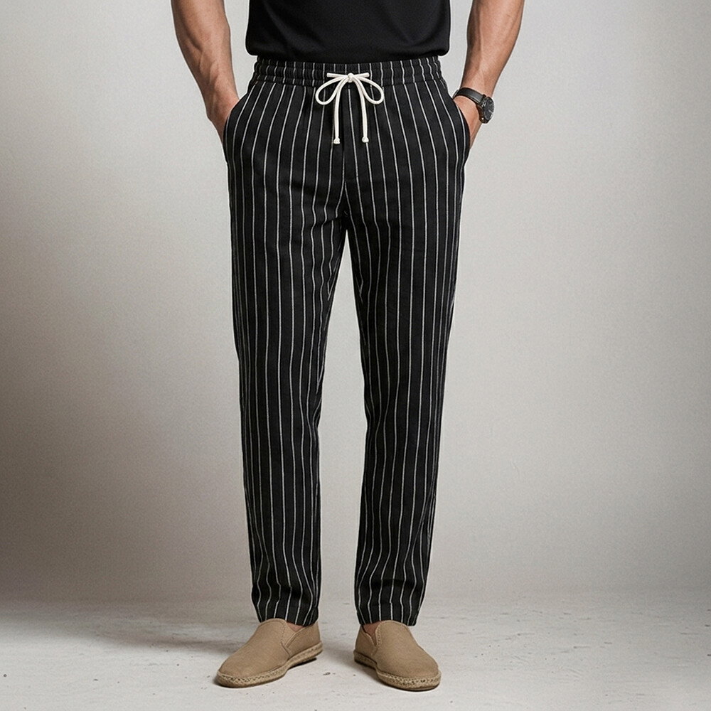 Okaywear Pinstripe Print Drawstring Slant Pocket Black Tapered Pants