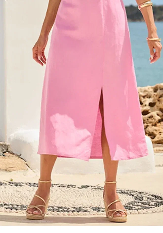 Pink Linen Blend Scallop Detail Halter Neck Midi Dress