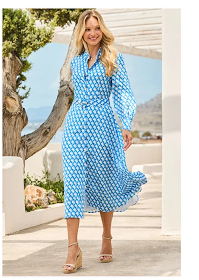 Blue Geometric Print Jacquard Shirt Dress