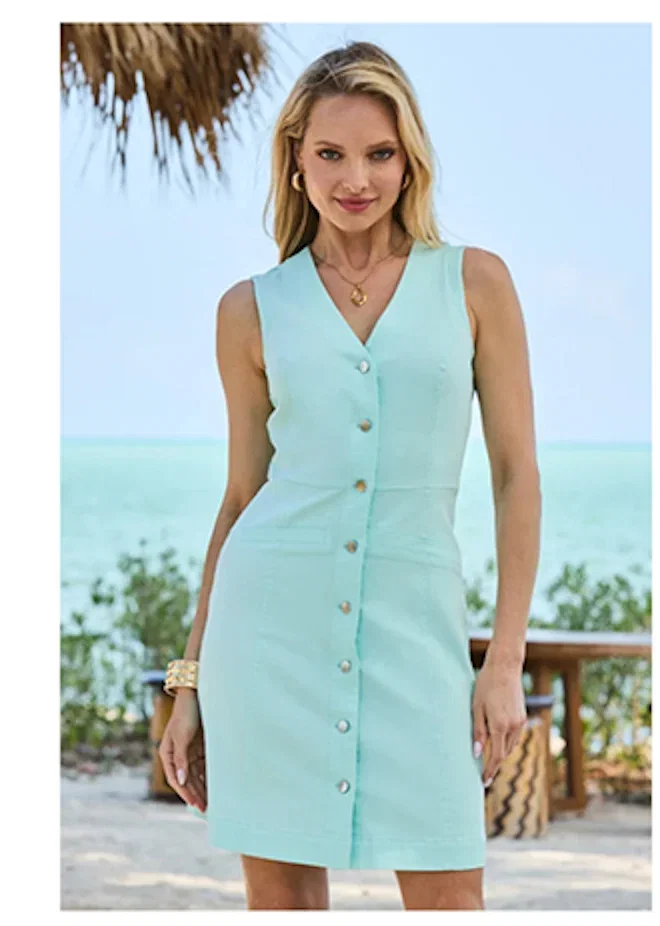 Aqua Blue Button Front Denim Waistcoat Dress
