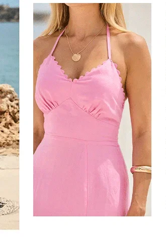 Pink Linen Blend Scallop Detail Halter Neck Midi Dress