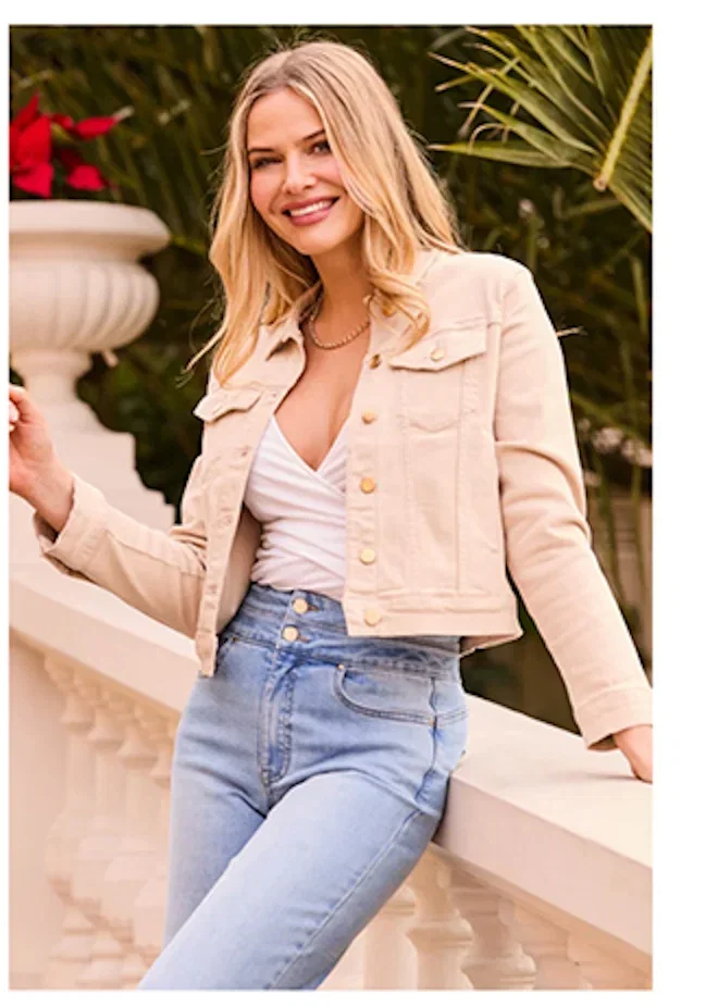 Ecru Denim Jacket With Gold Button Detail