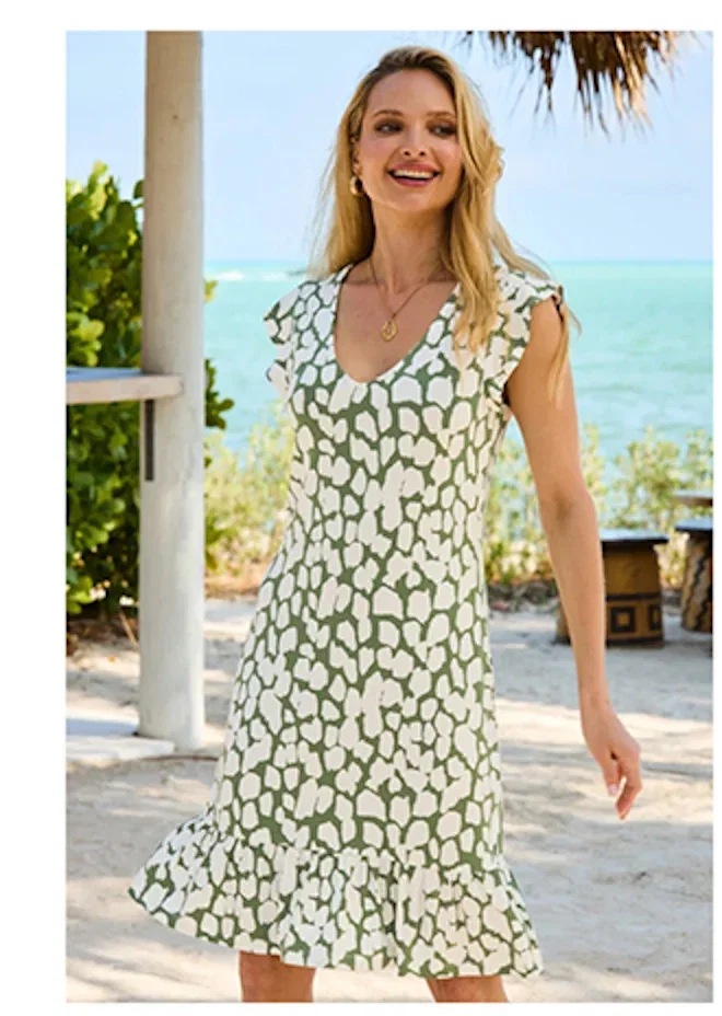 Khaki Green & White Morocco Print Ruffle Detail Shift Dress