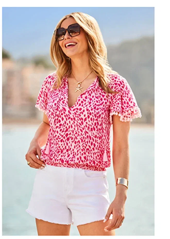 Pink & White Animal Print Pom Pom Top
