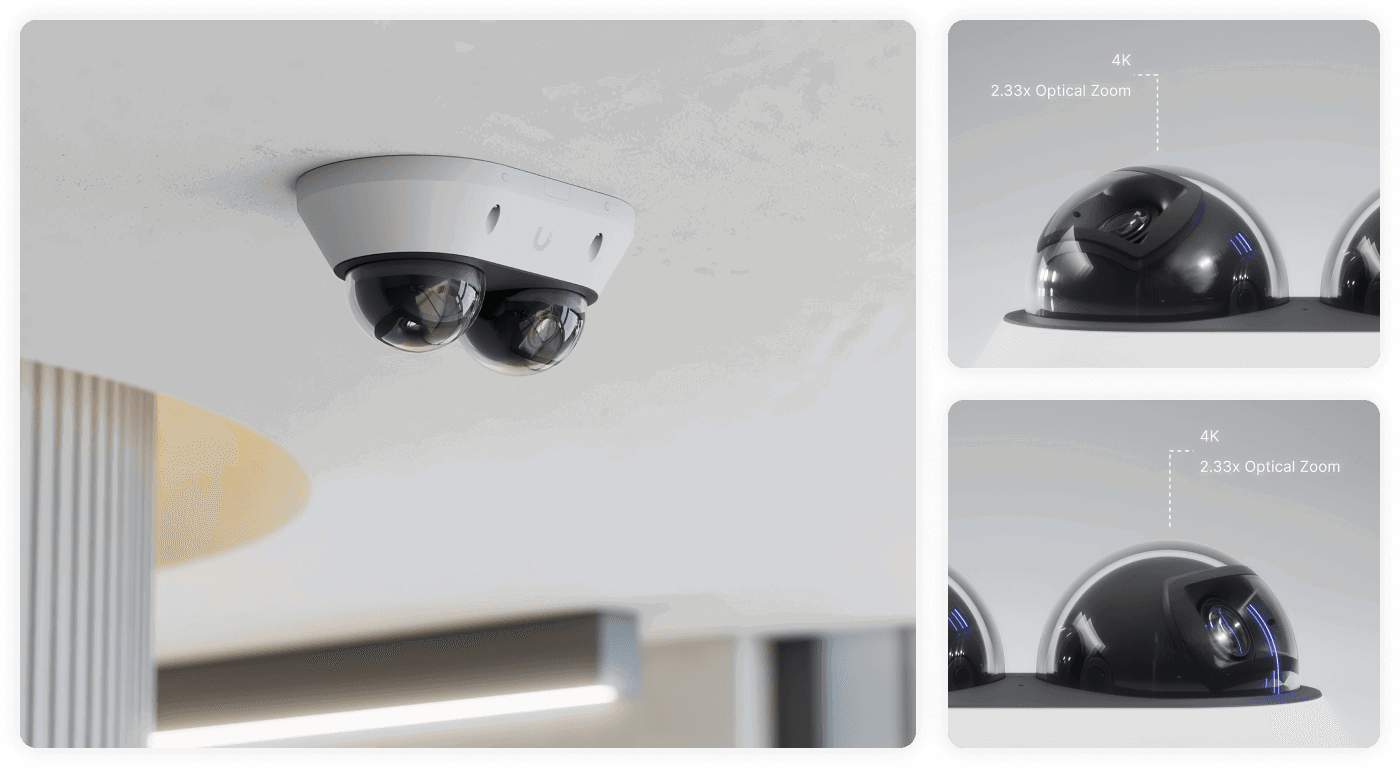 Combines two fully independent 4K sensors into an exceptionally compact form factor — perfect for reception areas, hallways, and other interior environments demanding deployment efficiency.