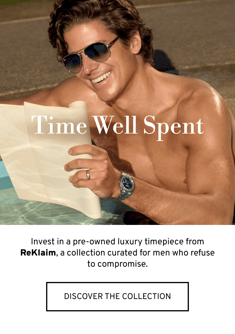 Male model in pool wearing a watch. Time Well Spent. Pre-owned luxury watches from ReKlaim. Click to Discover The Collection