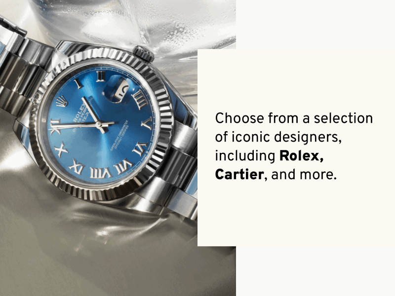 Close-up of Rolex watch. About ReKlaim. Choose from a selection of iconic designers.