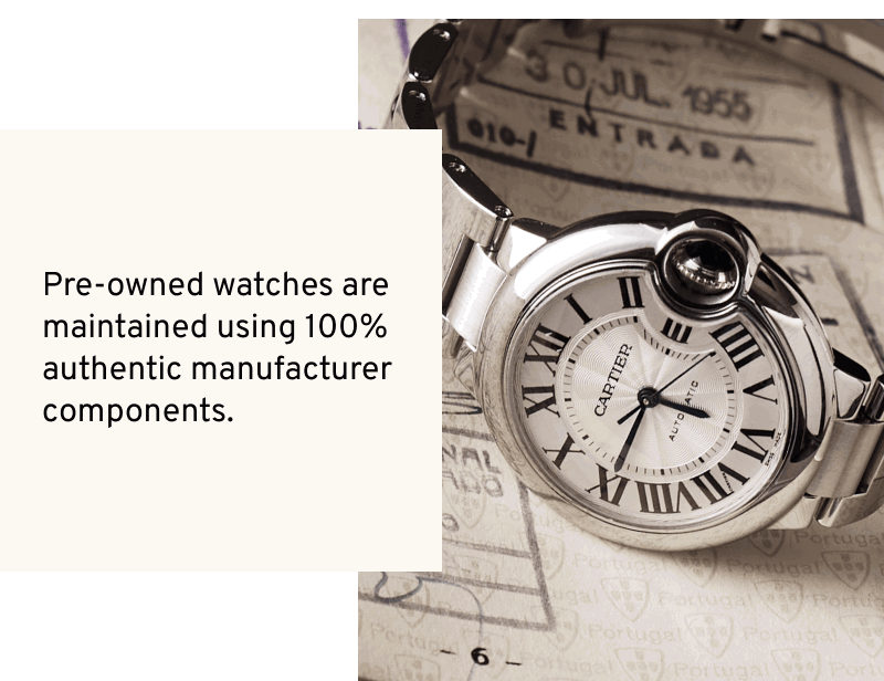 Close-up of Cartier watch. Pre-owned watches are maintained using 100% authentic components. 