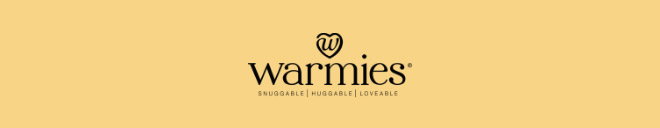 Warmies logo on yellow. Shop Warmies.