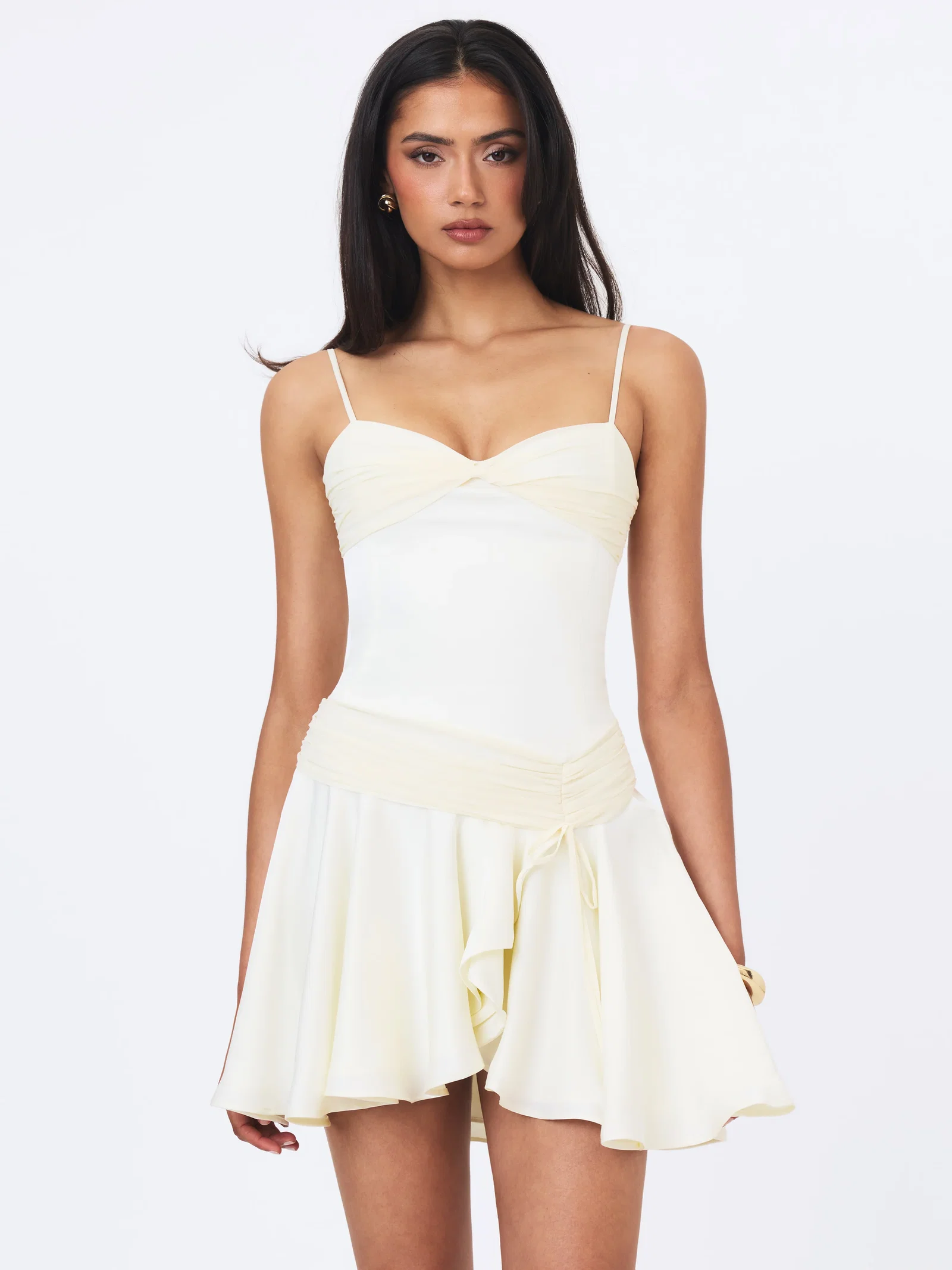 Yvonne Ivory Satin Asymmetrical Ruched Mini Dress