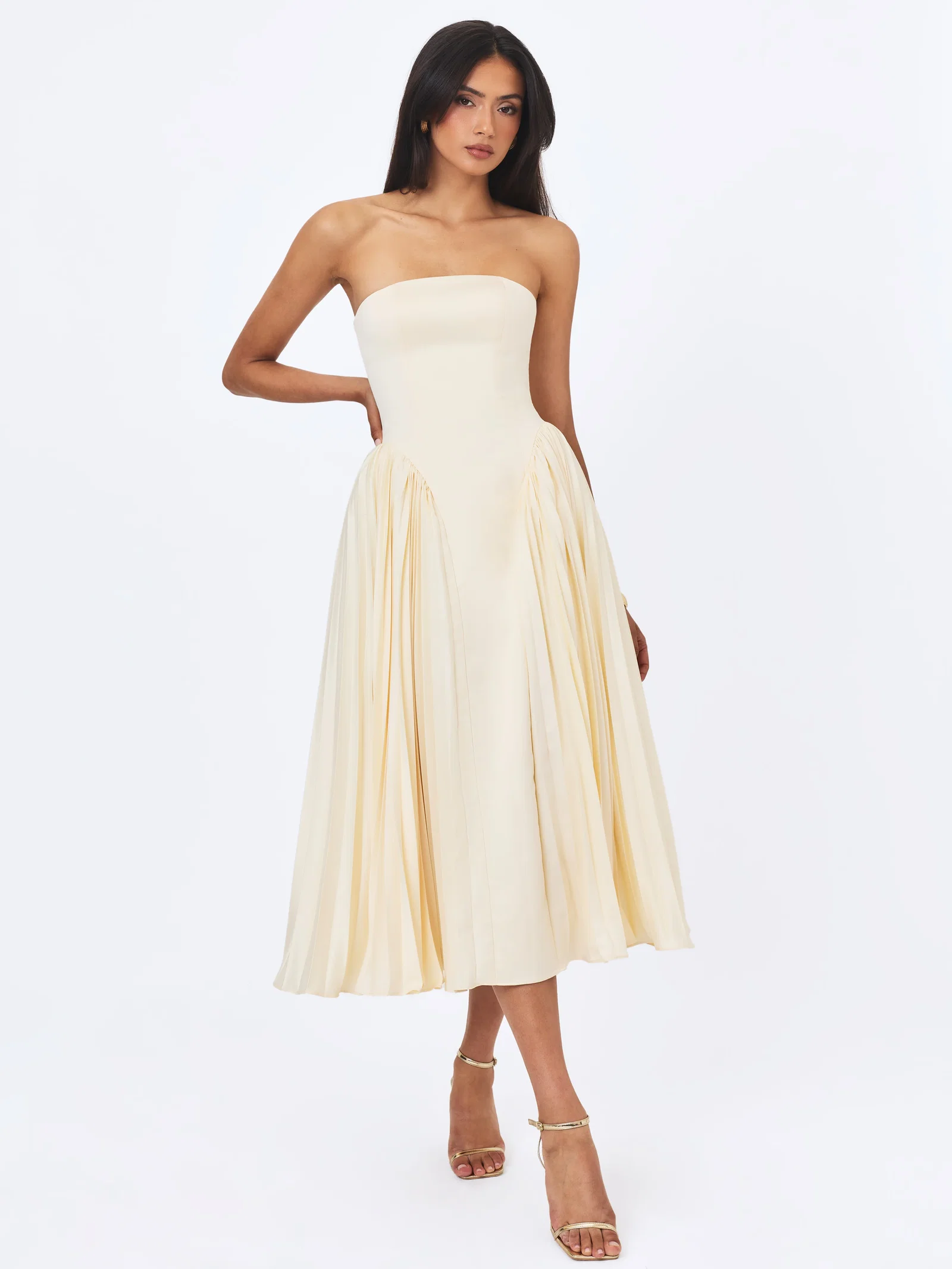 Marnie Butter Yellow Pleated Satin Midi Dress