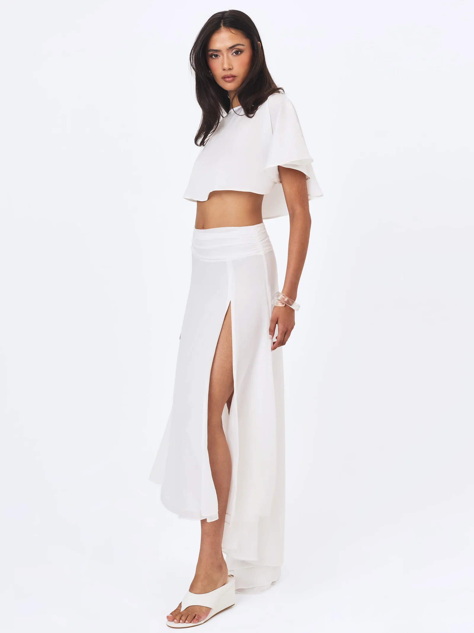 Yanna White Chiffon High-Low Maxi Skirt