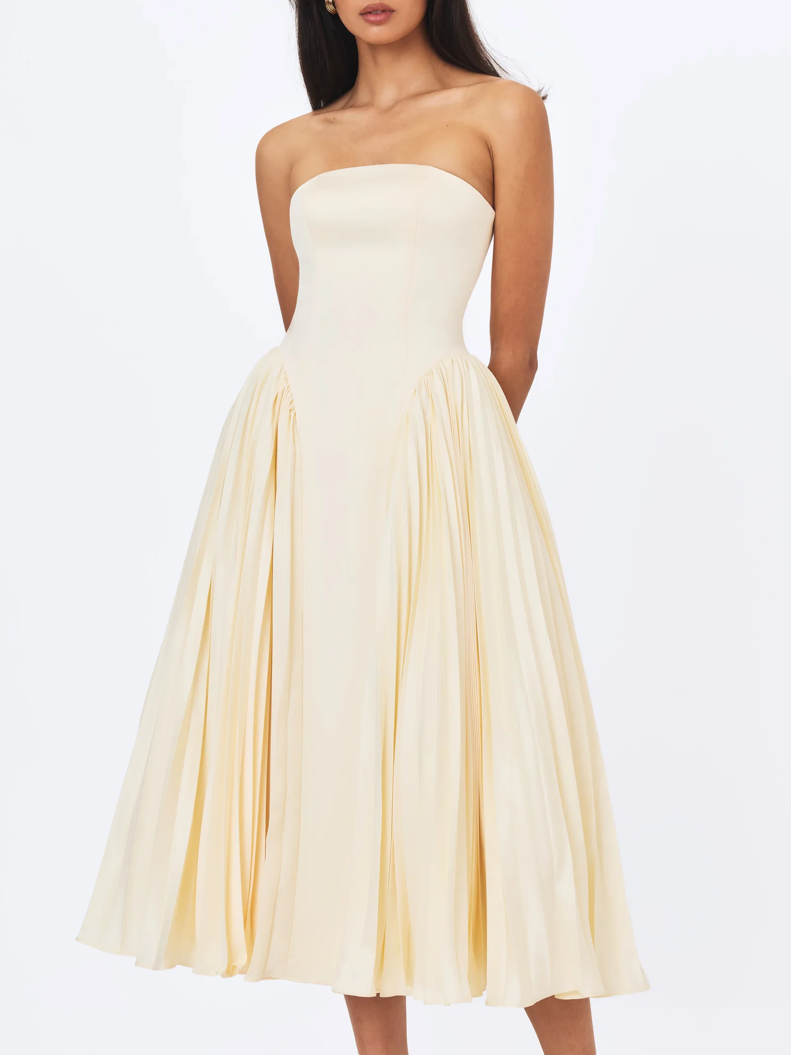 Marnie Butter Yellow Pleated Satin Midi Dress