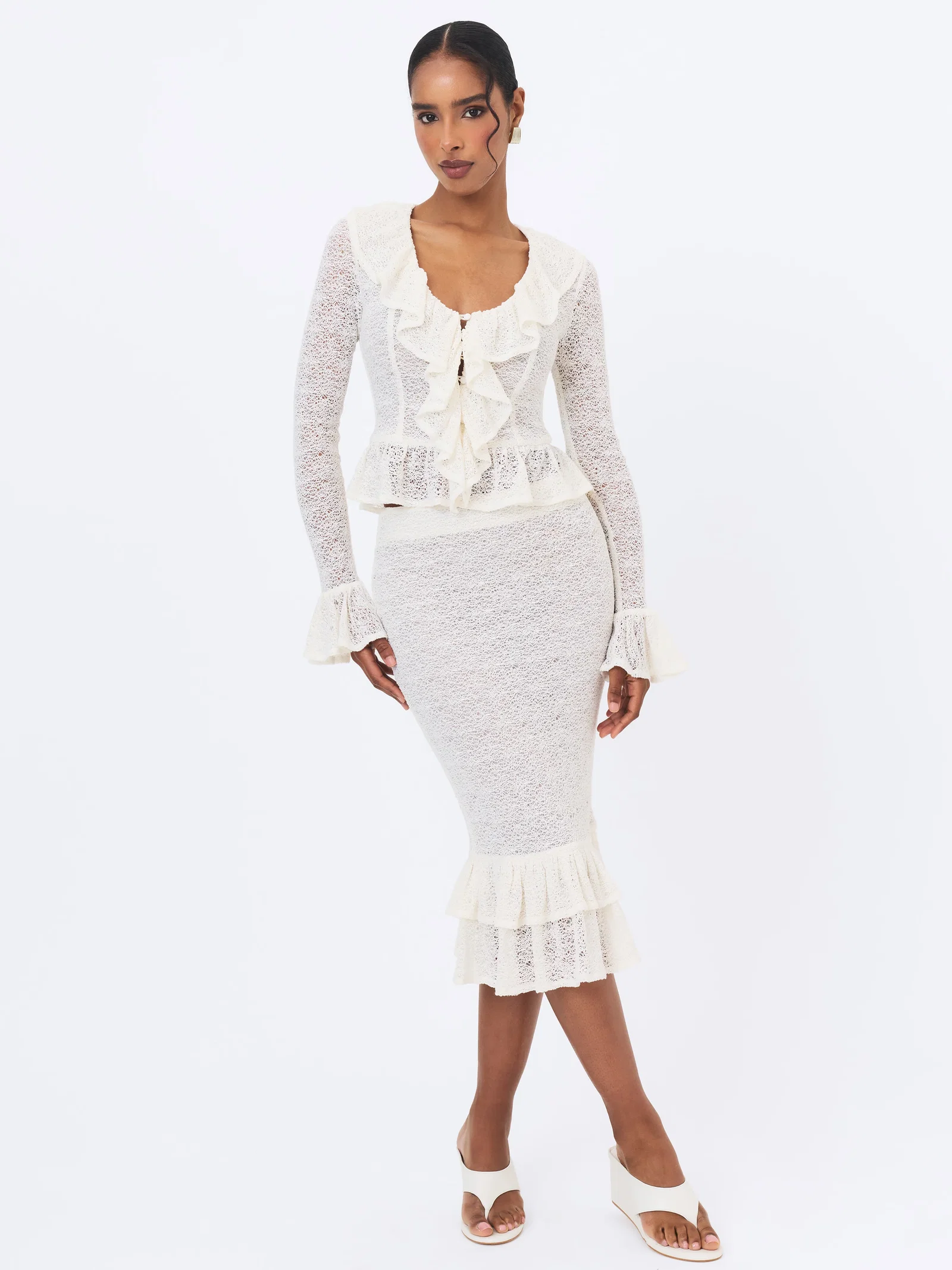 Urva Ivory Crochet Ruffle Front Button Top