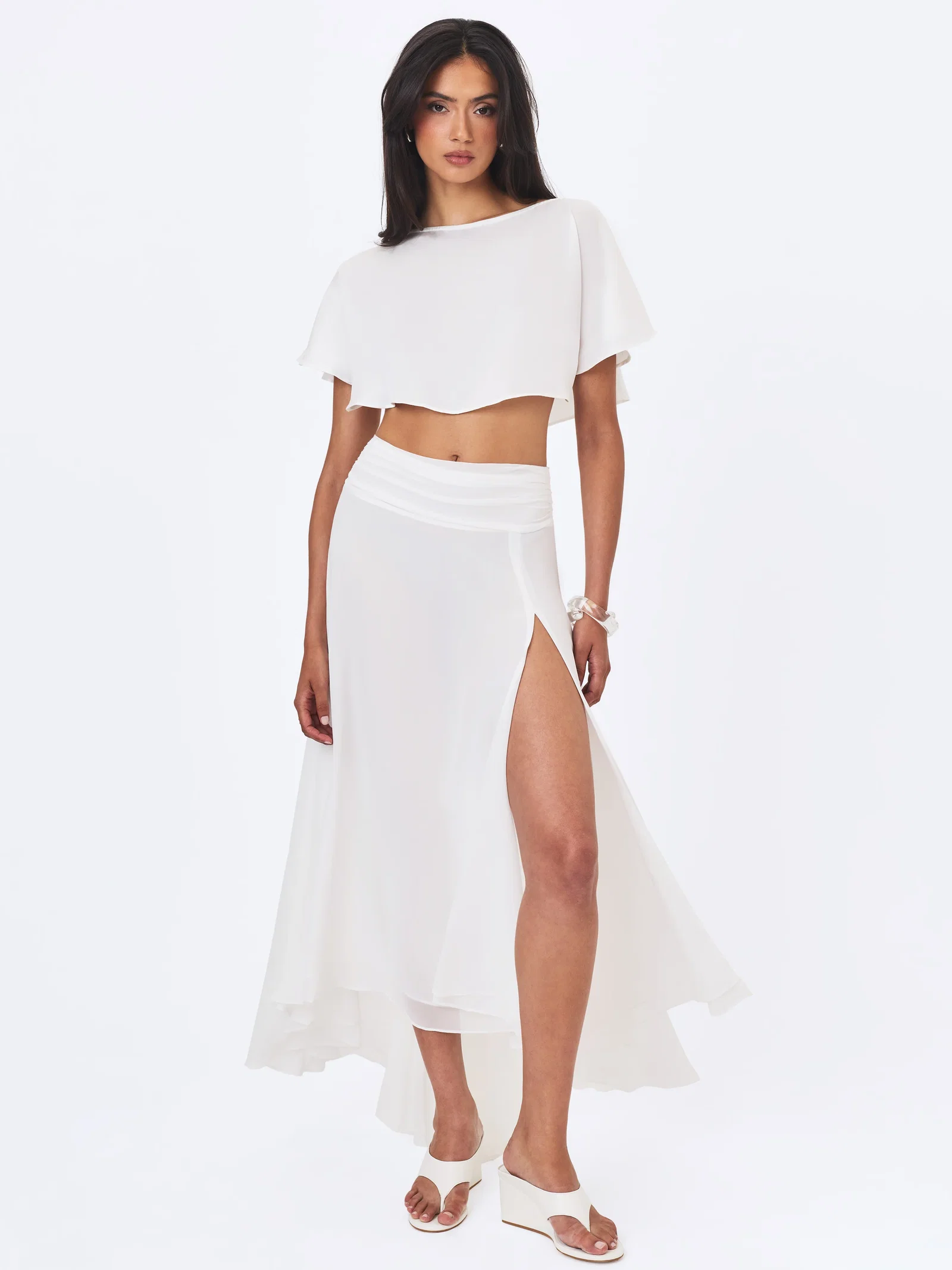 Yarae White Satin Boat Neck Cape Top