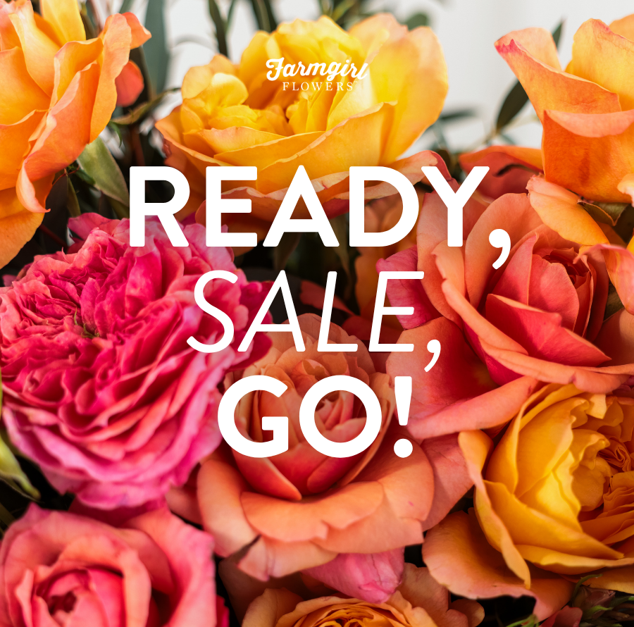 Farmgirl Flowers campaign image featuring a colorful rose bouquet with coral, orange, peach, and pink flowers with greenery, arranged over the back of a tan leather couch. White text reads “Ready, Set, Go,” with the Farmgirl Flowers logo near the top and a “Shop the Sale” button near the bottom.