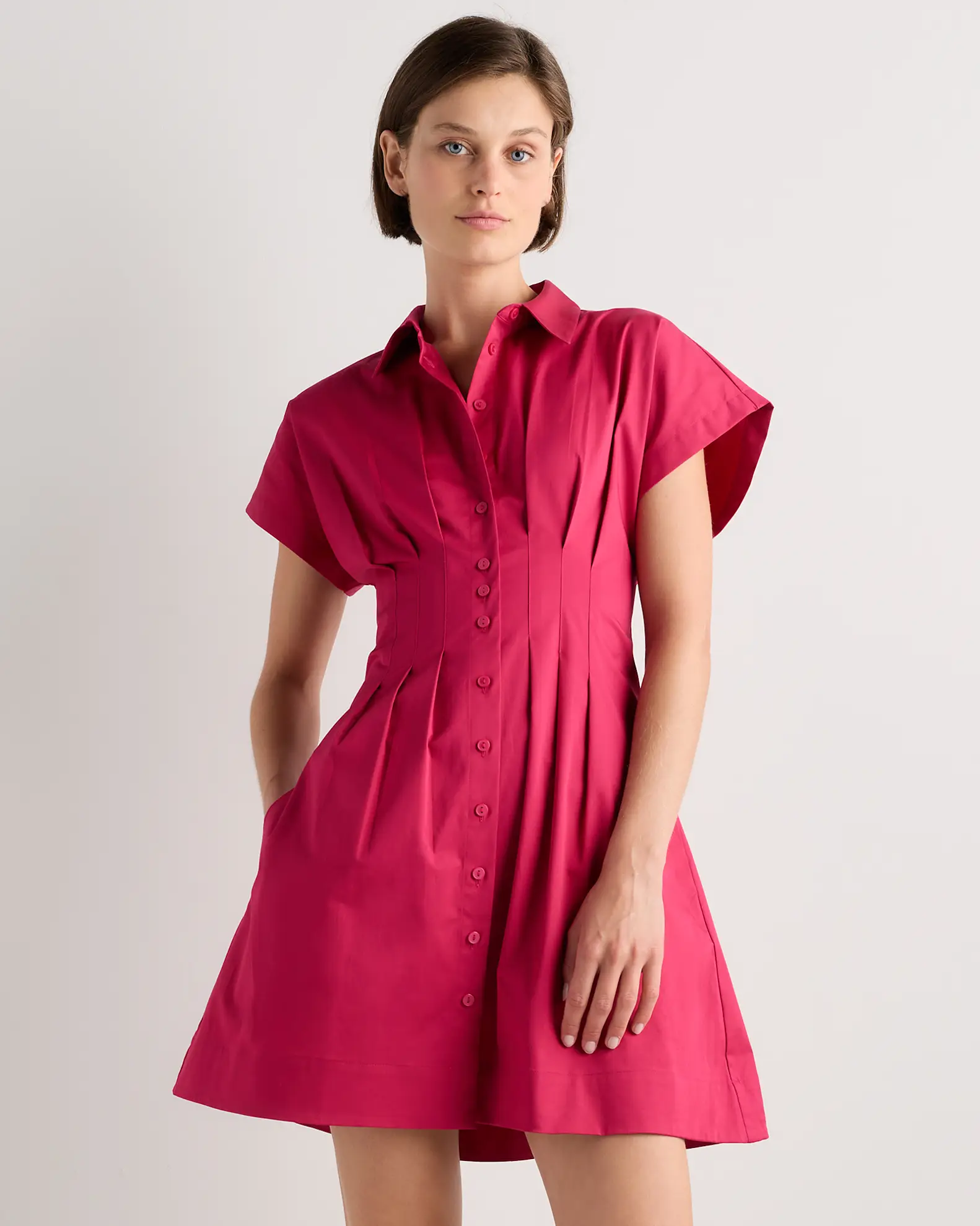 Stretch Twill Pleated Mini Shirt Dress