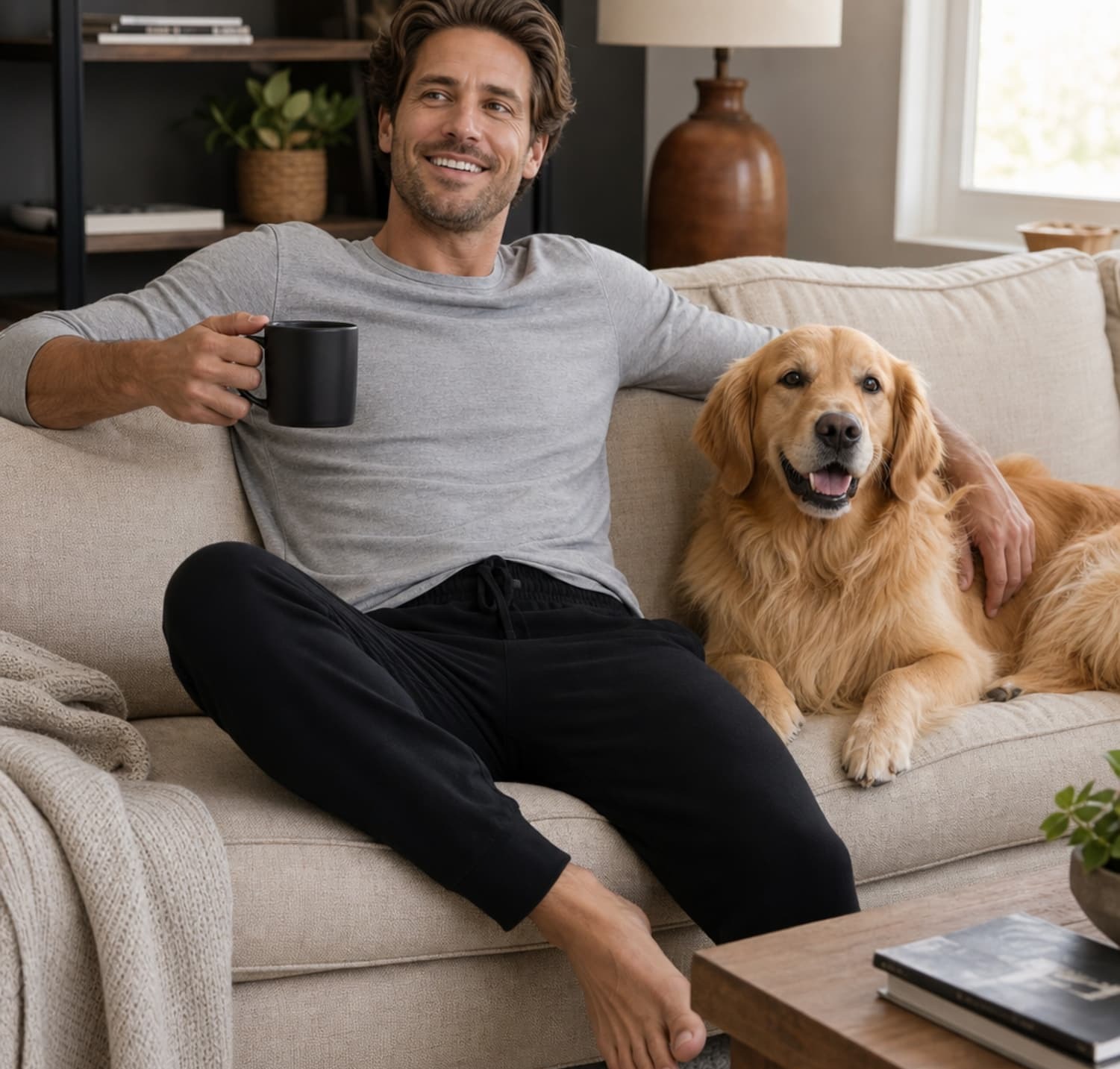 Man sitting on the couch in loungewear with his coffee mug and golden retreiver