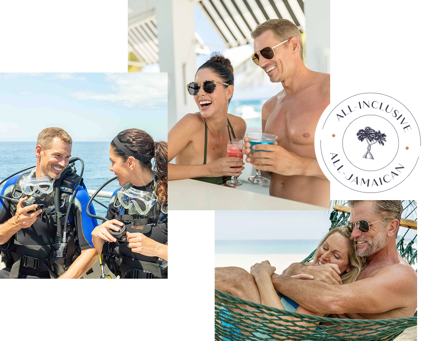 a collage of people on a beach