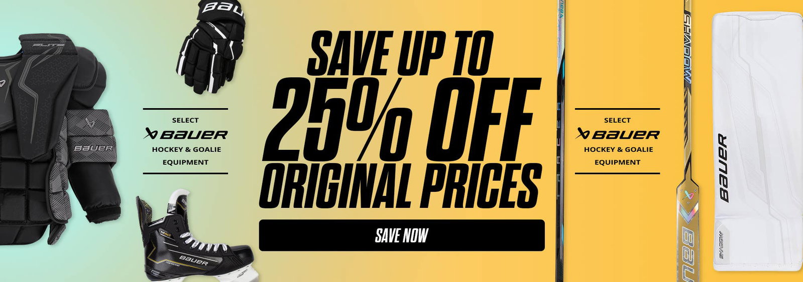 Select Bauer hockey & goalie equipment. Save up to 25% off original prices.