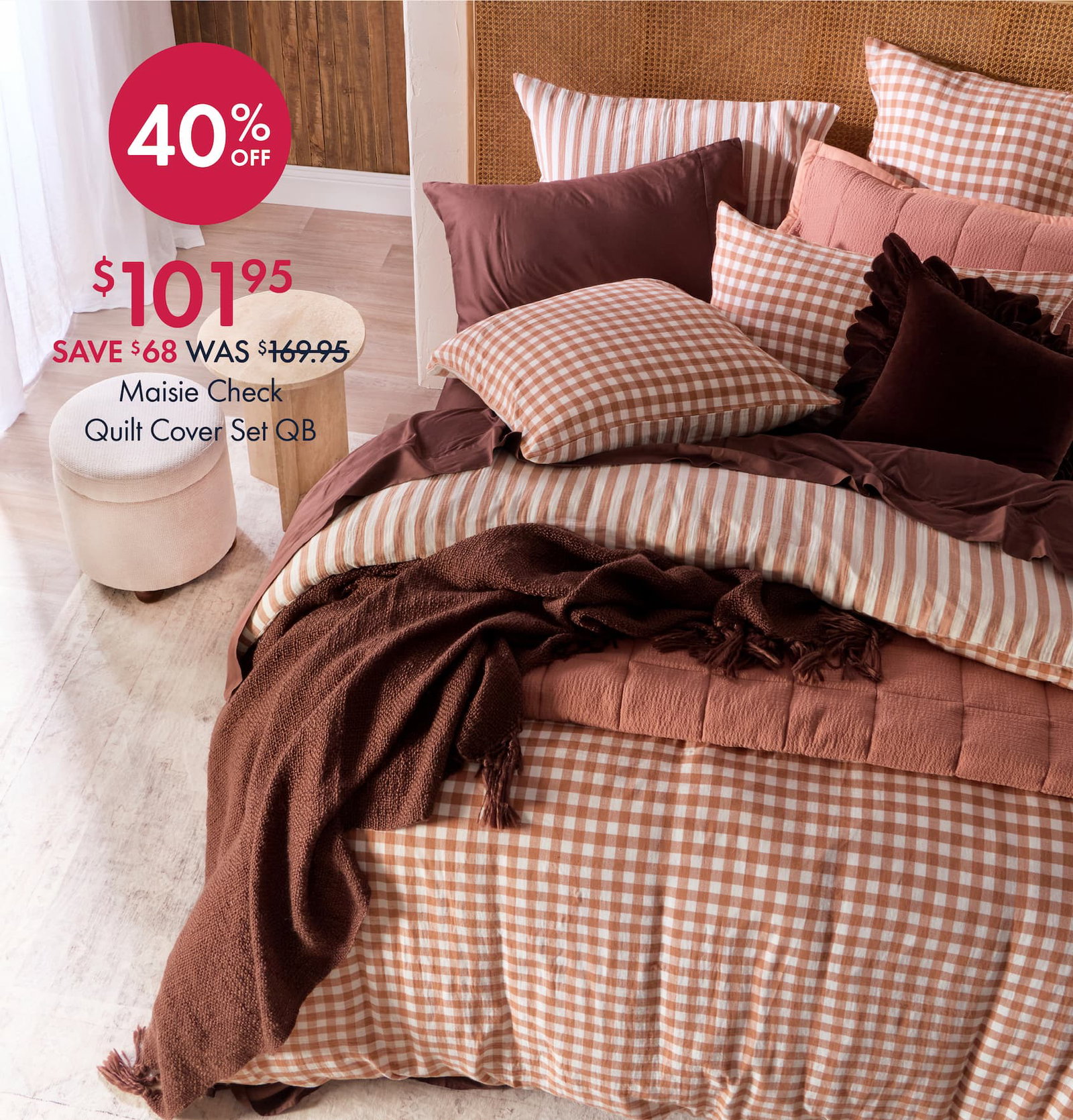 Maisie Reversible Caramel Check Quilt Cover Set