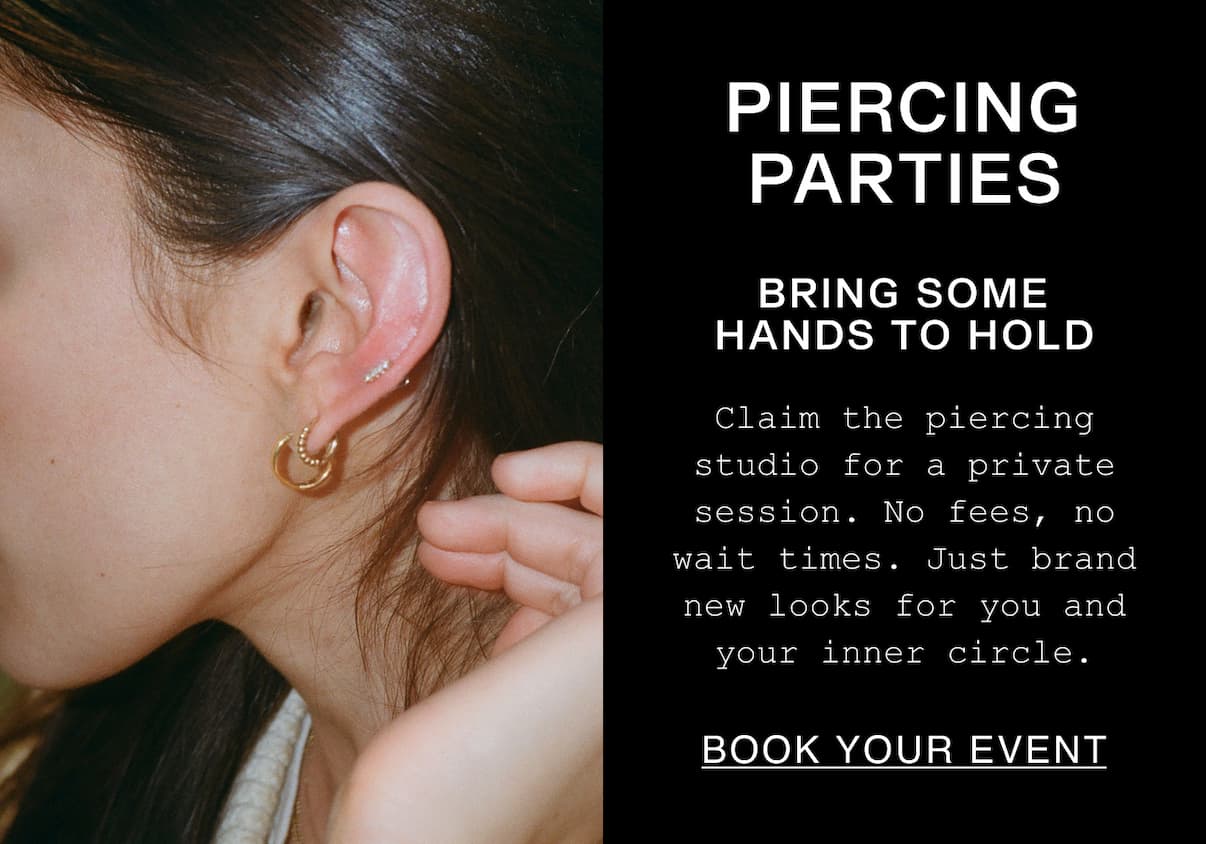 Side profile of a woman wearing Mejuri gold hoops and diamond ear studs — Piercing Parties — Bring Some Hands to Hold — Claim the piercing studio for a private session. No fees, no wait times. Just brand new looks for you and your inner circle.