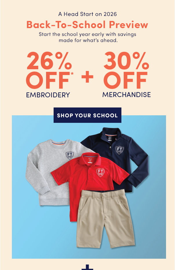 26% off embroidery + 30% off merch