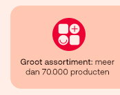 Rood icoon met vier vakjes en tekst: Groot assortiment – meer dan 70.000 producten.