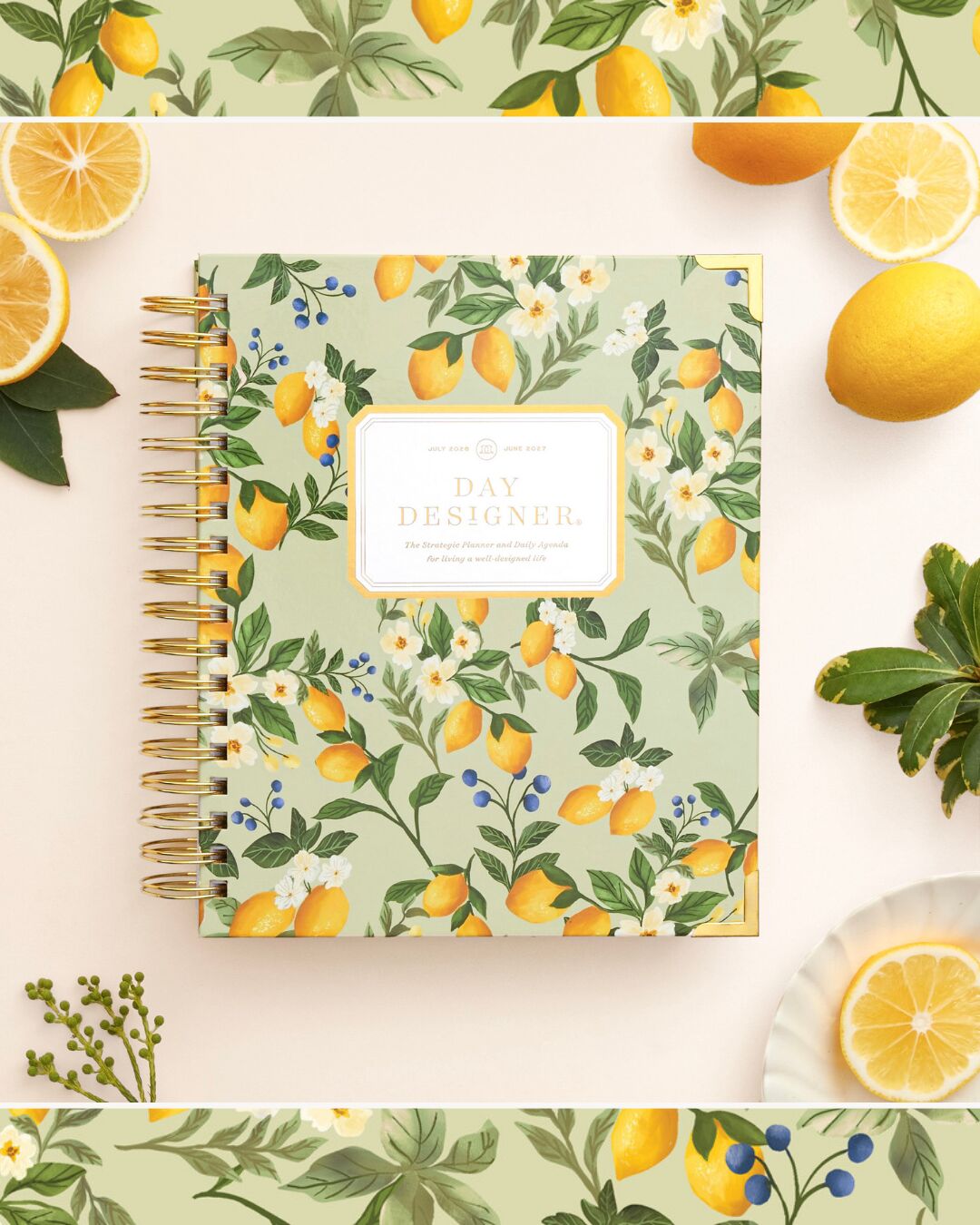 sage green lemon floral day designer planner on peach background, lemon, dish, dried sage