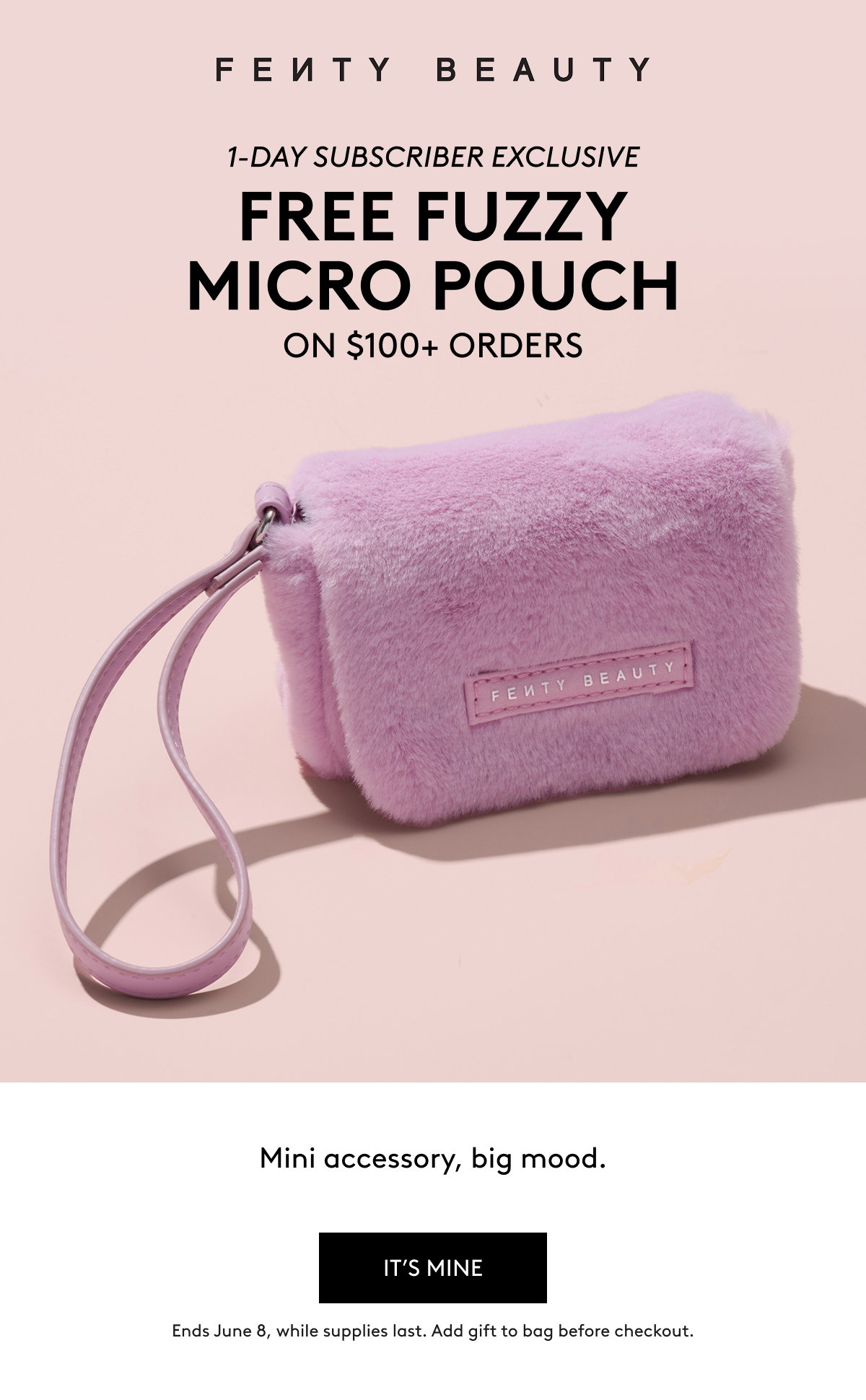 FENTY BEAUTY FREE FUZZY MICRO POUCH ON $100+ ORDERS Mini accessory, big mood. IT'S MINE Ends 