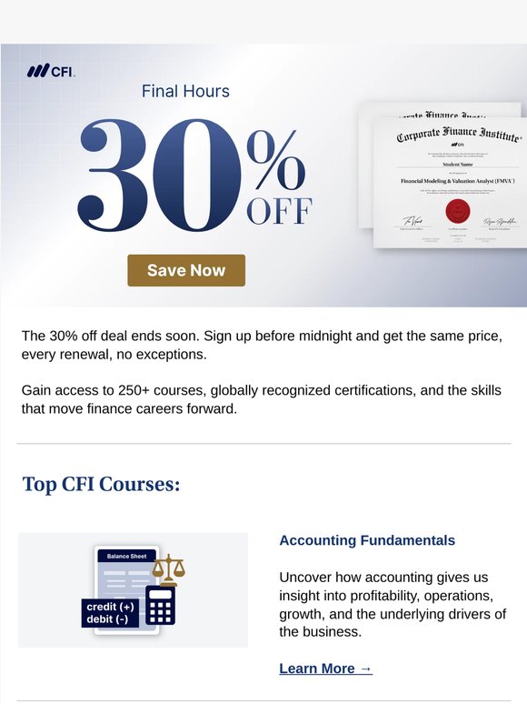 Time is running out. This is your last chance to save 30% on all CFI plans.