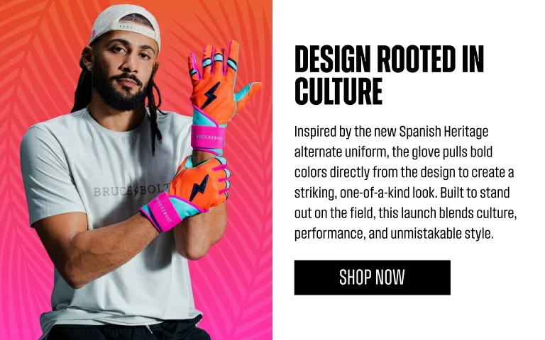 design rooted in culture. Inspired by the new Spanish Heritage alternate uniform, the glove pulls bold colors directly from the design to create a striking, one-of-a-kind look. Built to stand out on the field, this launch blends culture, performance, and unmistakable style.