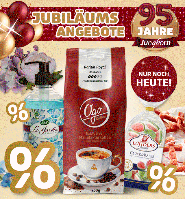Animiertes Jubiläumsangebot mit Kaffee, Süßwaren & Seife entdecken