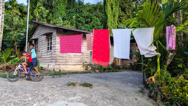 Two kids on a bike ride past a house and a clothing line that has clothes and other fabrics drying on it. 