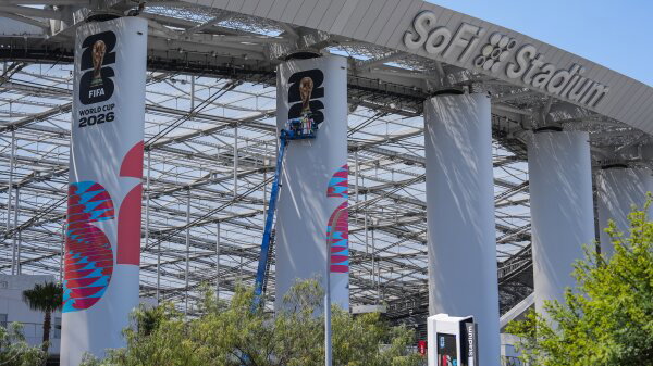  FIFA World Cup 2026 signage is displayed at SoFi Stadium in Inglewood, Calif.