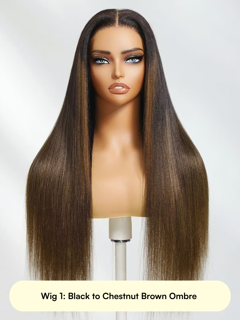 All 24' 13x4 Pre Everything Glueless Lace Yaki Straight Black to Chestnut Brown Ombre Or Balayage Highlights Wig With Invisi Drawstring