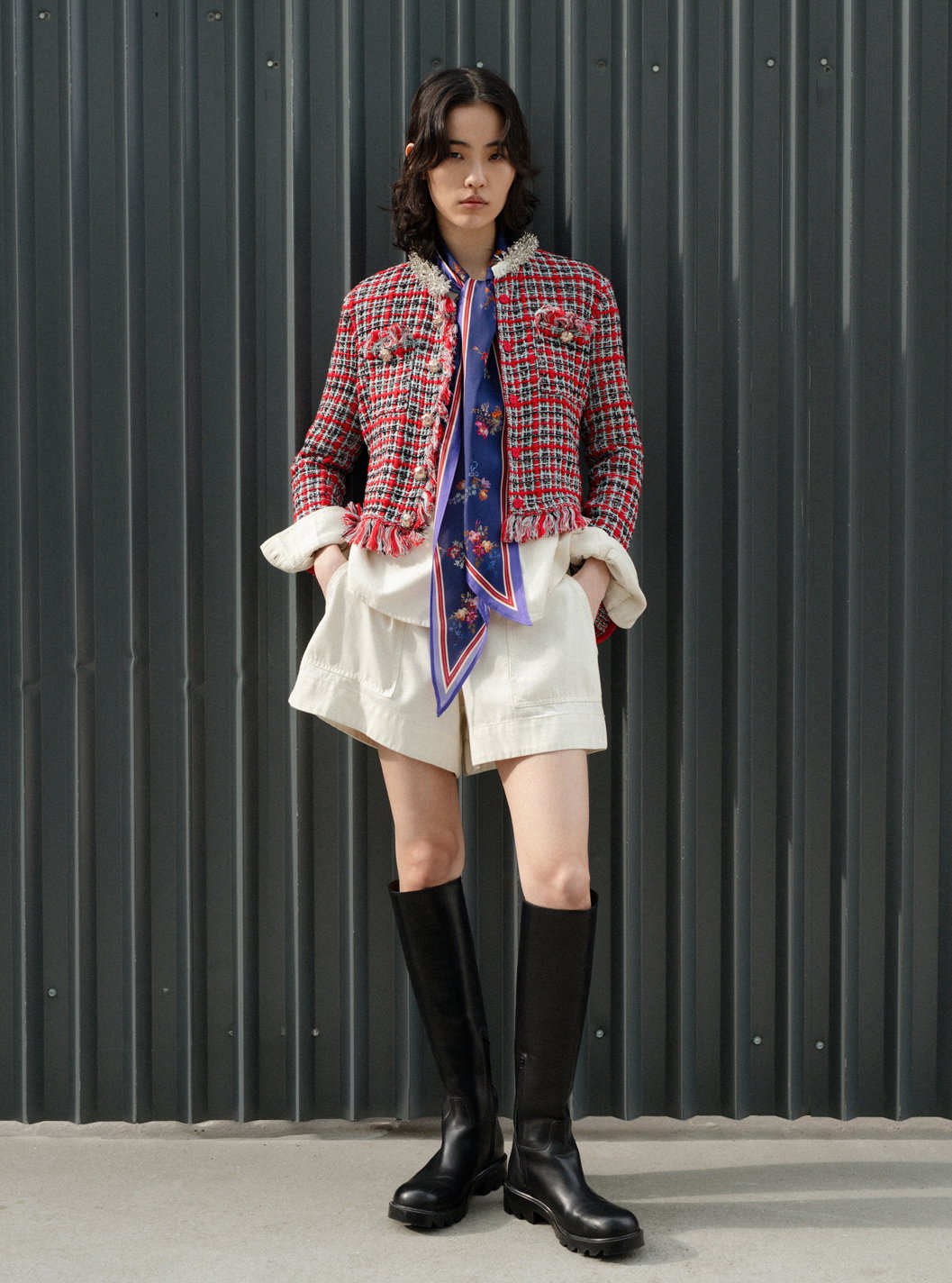 RED CHECK FRAYED KNIT JACKET