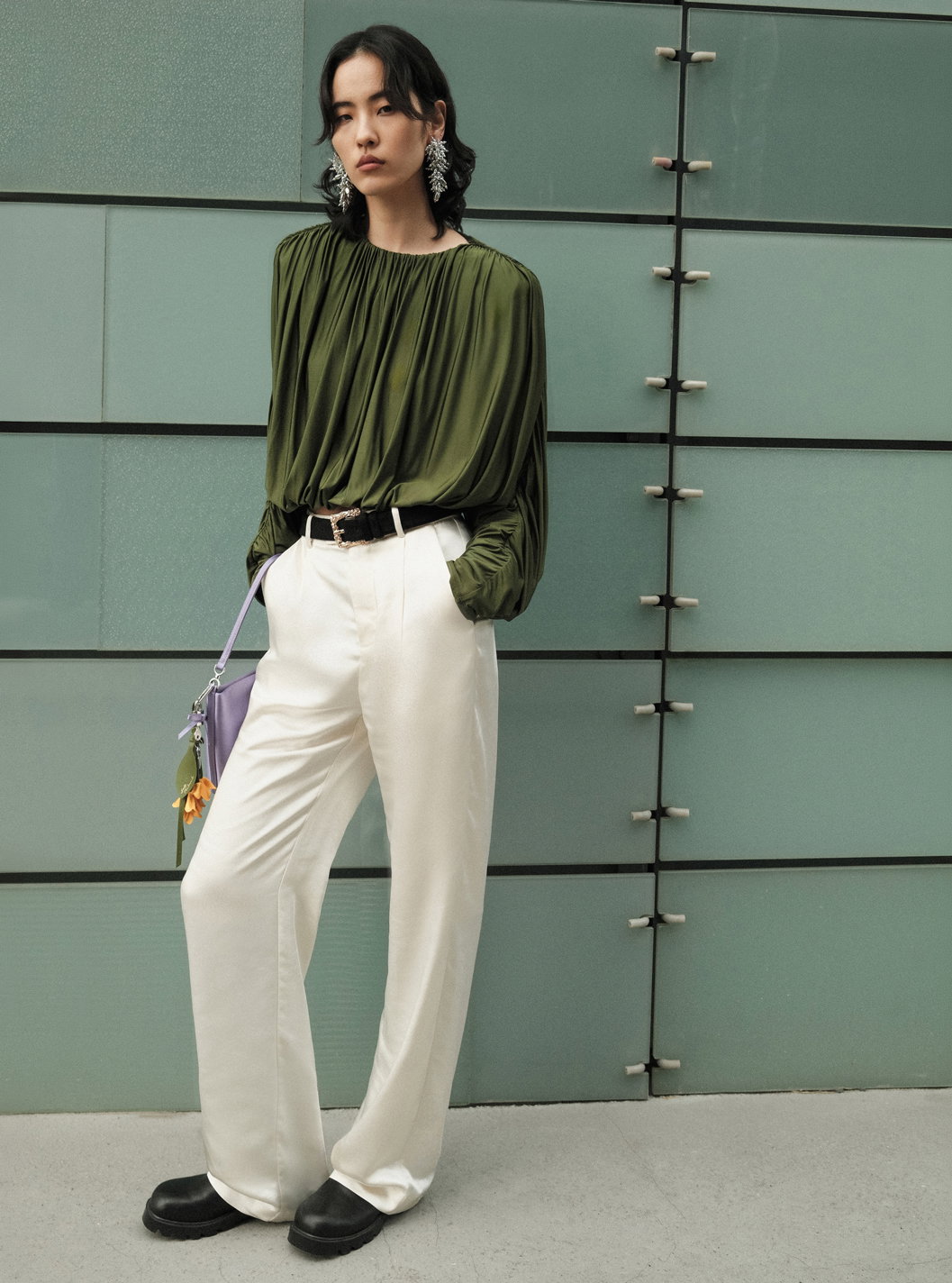 OLIVE JERSEY GATHERED TOP