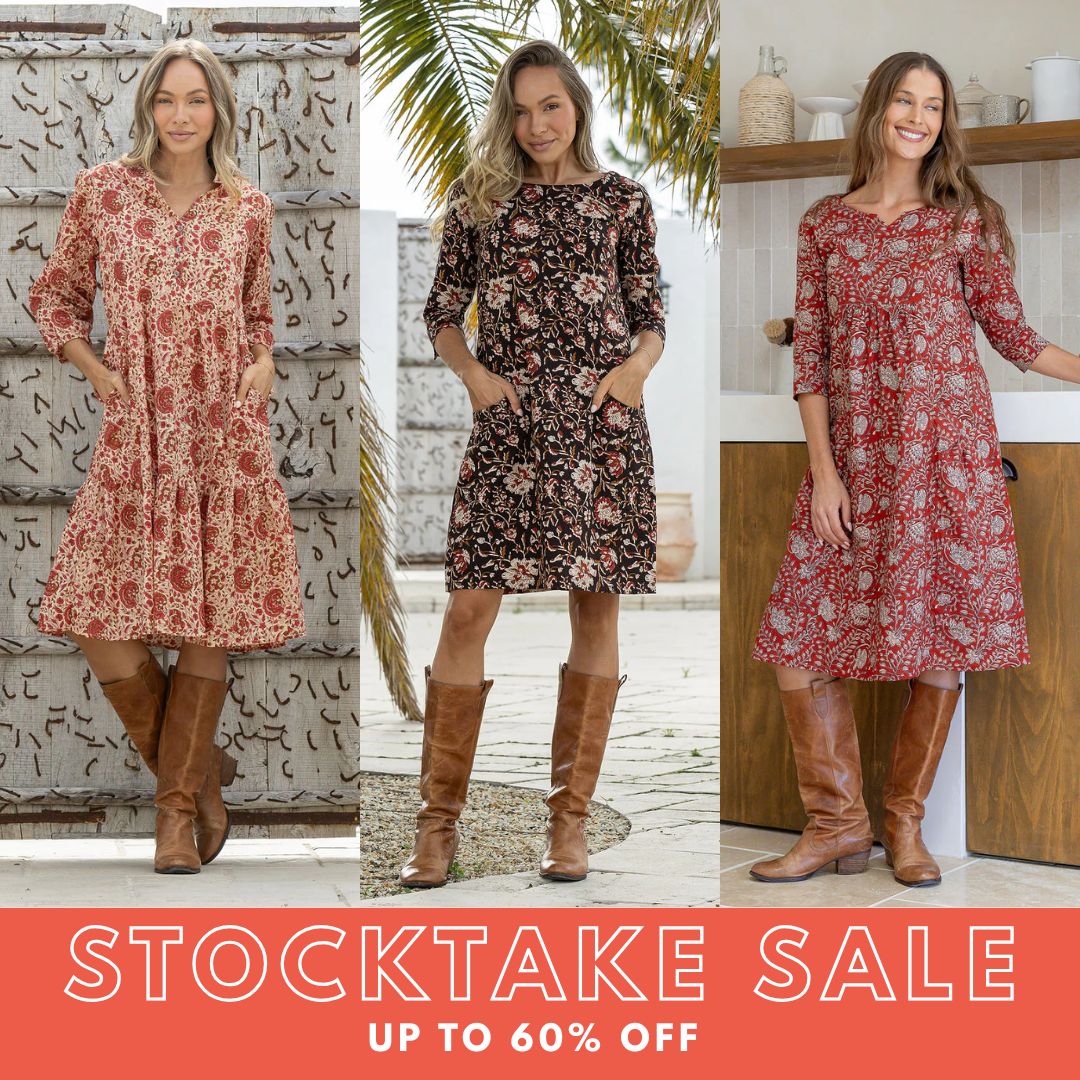 women wearing Karma East printed cotton dresses