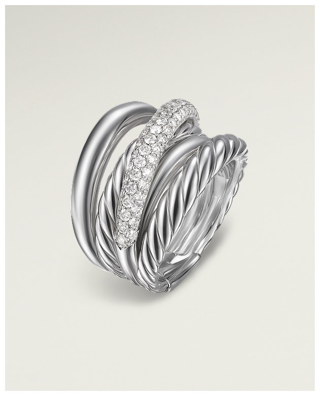 Crossover Five Row Ring Sterling Silver with Diamonds, 17.5mm