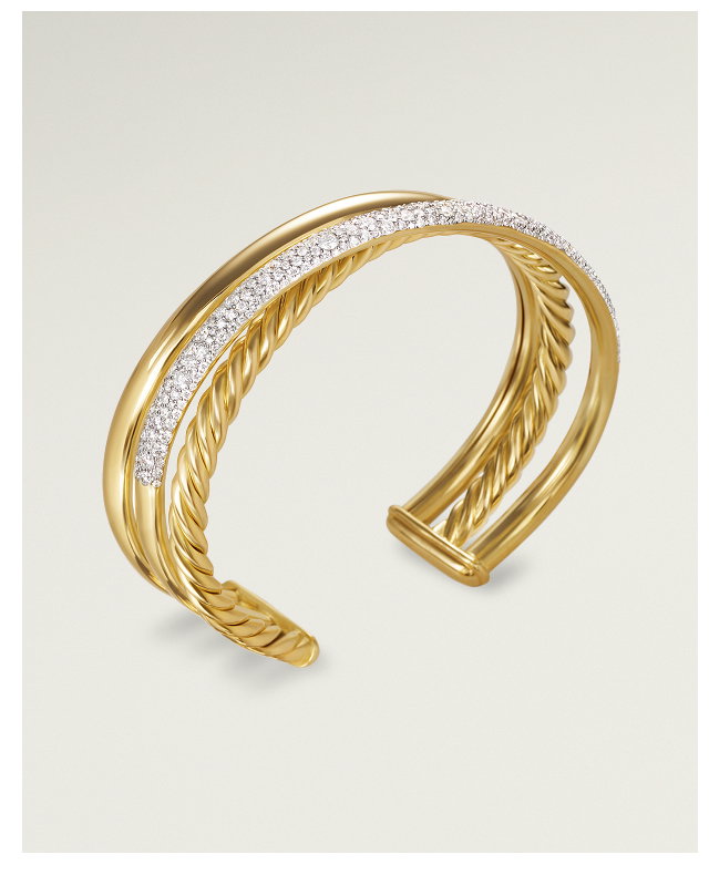 Pavé Crossover Three Row Cuff Bracelet 18K Yellow Gold with Diamonds, 20mm